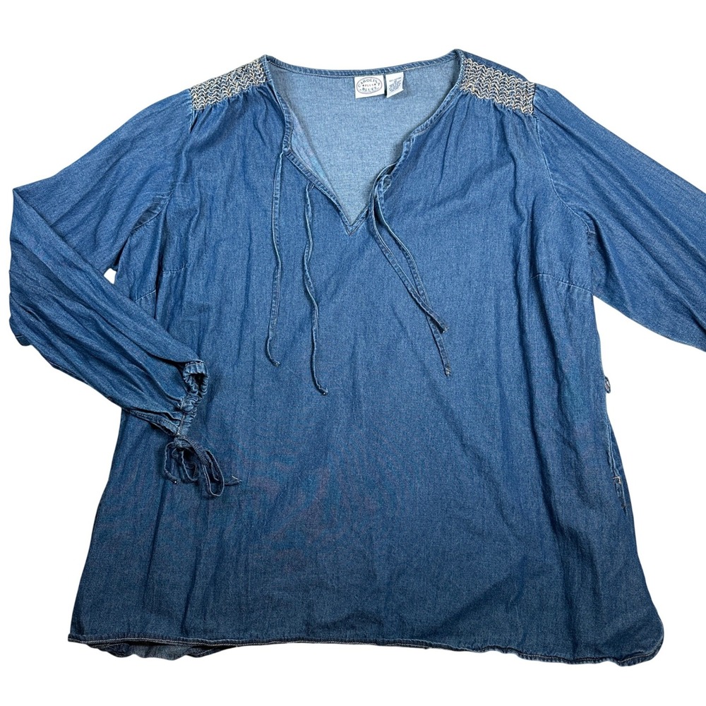 Boho Western Country Plus Size 22 Denim Peasant Top Blue Cotton Smocked Blouse